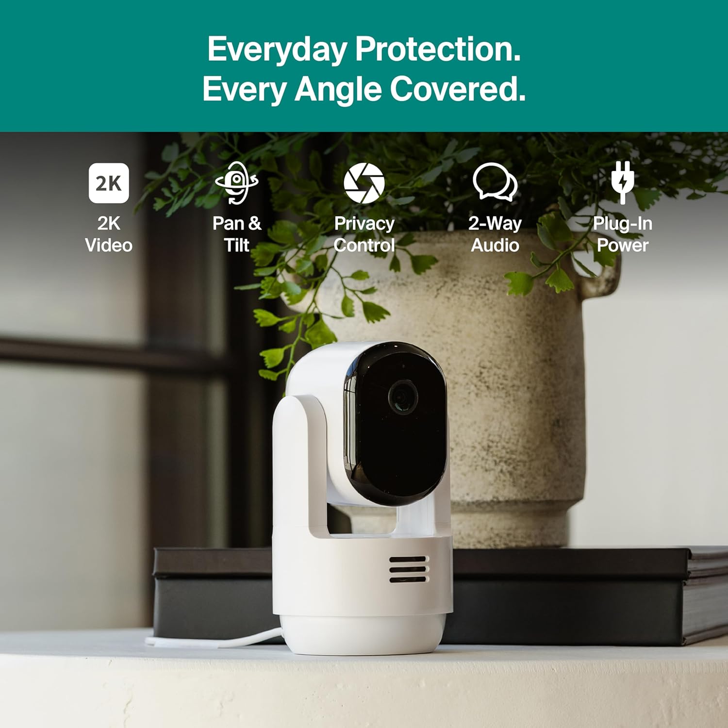 Essential Indoor Pan Tilt Security Camera 2K (2025 Release) - Wired Plug-In Power, Person Recognition, Animal Detection, Animated Preview, 1-Month Secure Plan, Auto Motion Tracking, 1 Cam, White